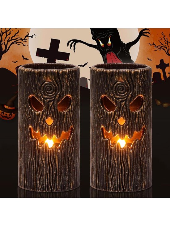 Other - 2PCS Halloween Ghost Tree Carved Flameless Pillar Candles Real Wax 6H Timer